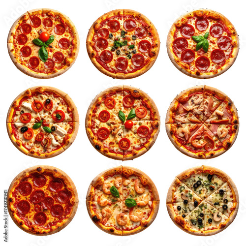 Nine delicious, diverse pizzas with various toppings, each looking appetizing