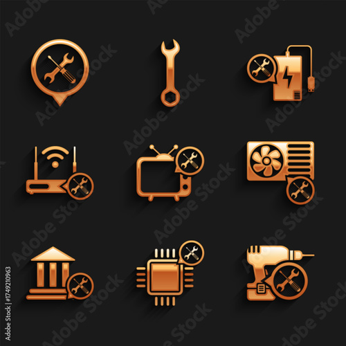 Set Tv service, Processor, Drill machine, Air conditioner, Bank building, Router wi-fi with, Power bank and Location icon. Vector