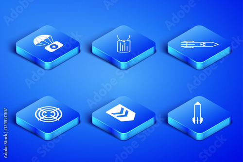 Set Rocket, Parachute with first aid kit, Chevron, Target sport, Military dog tag and Nuclear rocket icon. Vector