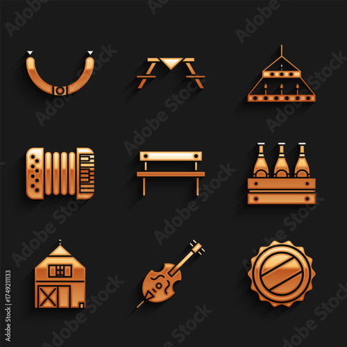 Set Bench, Violin, Bottle cap, Pack of beer bottles, Farm House, Accordion, Massive steel chandelier and Sausage icon. Vector