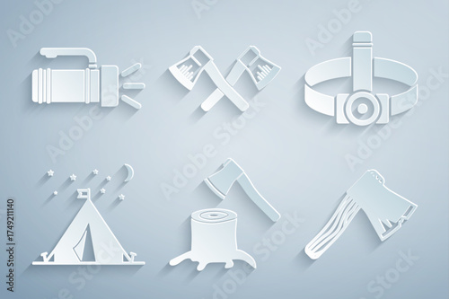 Set Wooden axe in stump, Head flashlight, Tourist tent with flag, Old wooden, Crossed and Flashlight icon. Vector