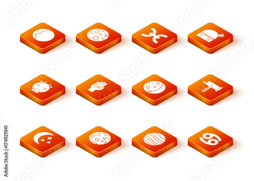 Set Moon and stars, Planet Earth, Ox zodiac, Palmistry of the hand, Jupiter, Eclipse sun, Cancer and Telescope icon. Vector