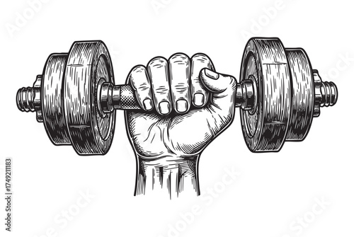 Hand Holding Dumbbell Muscular Hand Gripping an Adjustable Barbell engraving vector illustration