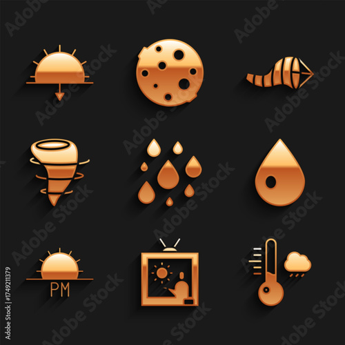 Set Water drop, Weather forecast, Meteorology thermometer, Sunset, Tornado, Cone meteorology windsock wind vane and icon. Vector