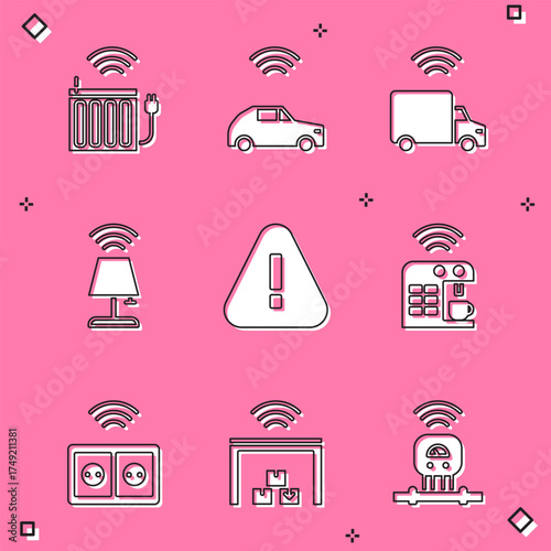 Set Smart heating radiator, car system with wireless, truck, table lamp, Exclamation mark triangle, coffee machine, electrical outlet and warehouse icon. Vector