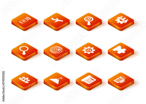 Set Project team base, Mountains and flag, Magnifying glass, Globe with flying plane, Telephone and Product development icon. Vector