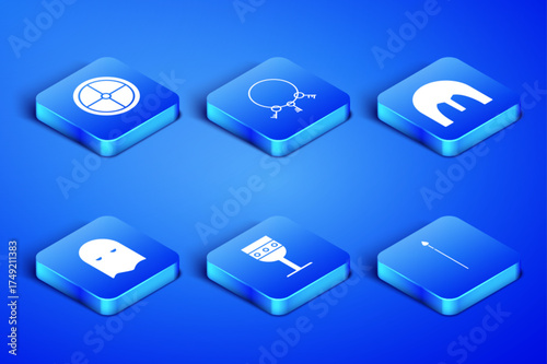 Set Medieval spear, Round wooden shield, goblet, Executioner mask, Old keys and iron helmet icon. Vector