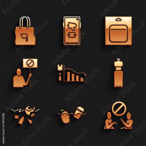 Set Ecology infographic, Problem pollution of the ocean, Stop plastic, Bottle water, planet, Nature saving protest, Battery pack and Shopping bag with recycle icon. Vector