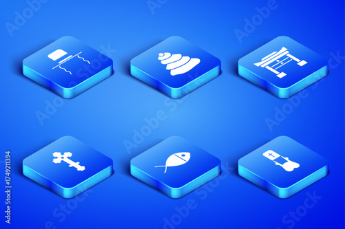 Set Priest, Orthodox jewish hat with sidelocks, Christian fish, cross, Stack hot stones and Japan Gate icon. Vector