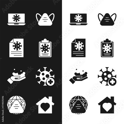 Set Clipboard with blood test results, Virus statistics on laptop, Medical protective mask, Washing hands soap, Positive virus, House heart inside and Earth medical icon. Vector