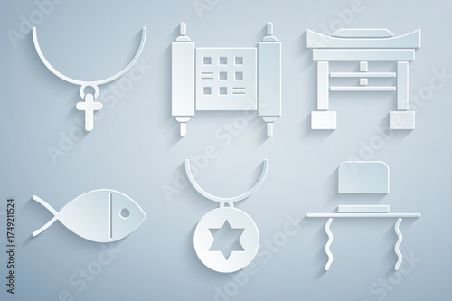 Set Star of David necklace on chain, Japan Gate, Christian fish, Orthodox jewish hat with sidelocks, Decree, paper, parchment, scroll and cross icon. Vector