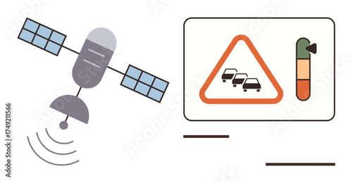 Satellite transmitting signals to a traffic monitoring system displaying congestion warning and fuel level indicator. Ideal for GPS, navigation, transportation, automotive, smart cities, technology