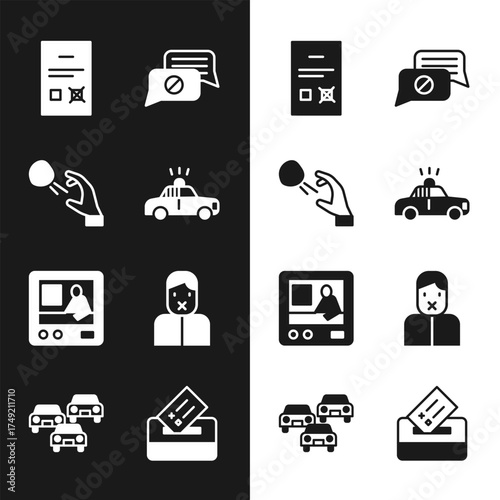 Set Police car and flasher, Hooligan shooting stones, Poll document, Speech bubble chat, Television report, Censor freedom of speech, Vote box and Traffic jam icon. Vector