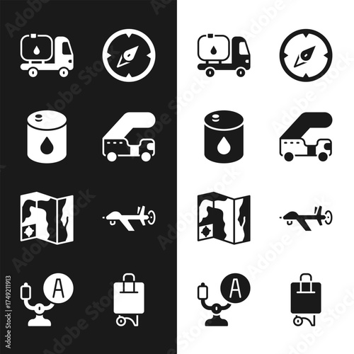 Set Passenger ladder, Barrel oil, Fuel tanker truck, Compass, World travel map, UAV Drone, Suitcase and Aircraft steering helm icon. Vector