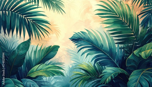 Lush Tropical Foliage Illustration Featuring Vibrant Green and Blue Hues with an Abstract Background