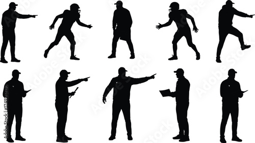 Silhouette of sports coach and players in action, giving directions, teamwork training, athletic communication, motivation, leadership, and game strategy planning