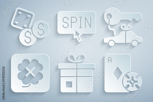 Set Gift box, Car gift, Casino slot machine, chip and playing cards, Slot spin button and Game dice icon. Vector
