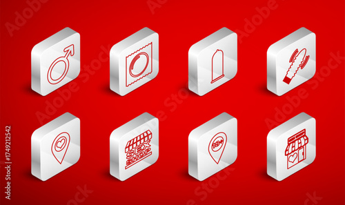 Set line Sex shop building, Condom package, safe sex, Dildo vibrator for games, Location with 18 plus, Male gender symbol, and heart icon. Vector
