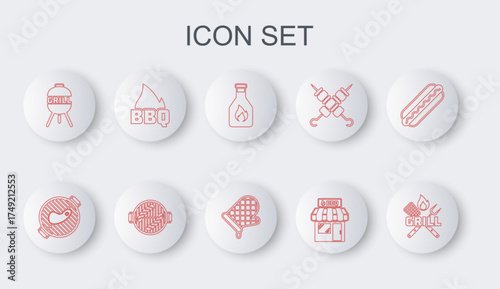 Set line Crossed fork and spatula, Barbecue grill with steak, Ketchup bottle, shopping building, fire flame, sausage and Oven glove icon. Vector
