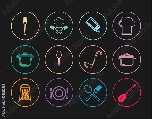 Set line Kitchen whisk, Cooking pot, Salt and pepper, Spoon, Fork, ladle and Chef hat fork icon. Vector