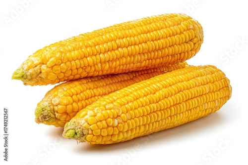 Three whole ears of bright yellow corn stacked, isolated on white