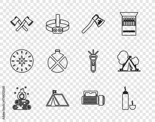 Set line Campfire, Thermos container, Wooden axe, Tourist tent with flag, Crossed wooden, Canteen water bottle, Flashlight and icon. Vector