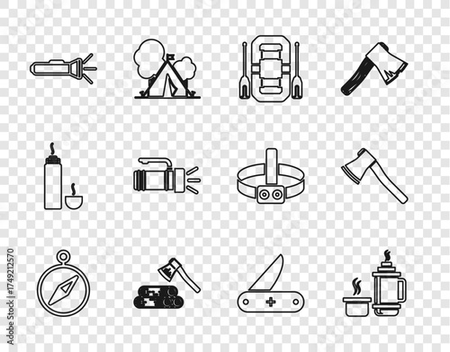 Set line Compass, Thermos container, Rafting boat, Wooden axe and wood, Flashlight, Swiss army knife and icon. Vector