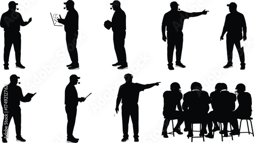 Silhouette of sports coach giving instructions to team players, teamwork strategy discussion, leadership communication, training guidance, and motivation planning