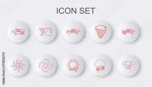 Set line Cloud with snow and rain, Tornado, Wind, swirl, and sun icon. Vector