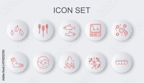 Set line Chicken egg in box, Inhaler, Fish, Bacteria, Sesame seeds, Wheat, Face with psoriasis or eczema and Runny nose icon. Vector