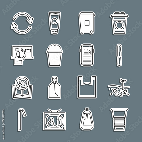 Set line Paper glass, Problem of pollution planet, Disposable plastic knife, Trash can, water, Stop, Refresh and icon. Vector