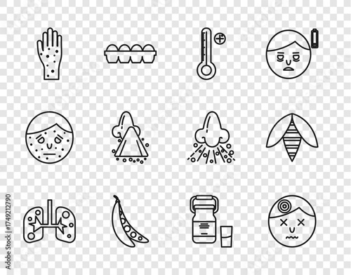Set line Lungs, Man having headache, Medical digital thermometer, Kidney beans, Hand with psoriasis or eczema, Runny nose, Can container for milk and Bee icon. Vector