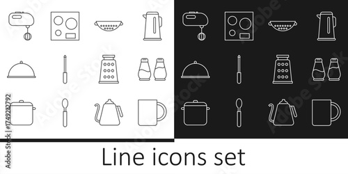 Set line Coffee cup, Salt and pepper, Kitchen colander, Knife sharpener, Covered with tray, Electric mixer, Grater and stove icon. Vector