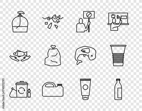 Set line Recycle bin with recycle, Lotion cosmetic tube, Nature saving protest, Canister for machine oil, Bottle of liquid soap, Garbage bag, Cream and Paper glass icon. Vector