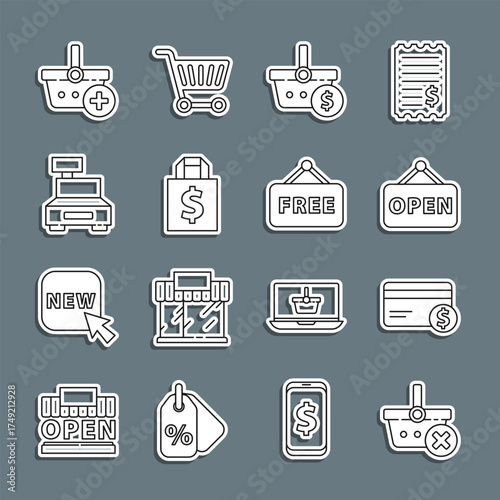 Set line Remove shopping basket, Credit card and dollar, Hanging sign with Open, Shopping, Shoping bag, Cash register machine, Add to and Price tag text Free icon. Vector