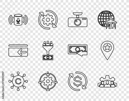 Set line Copywriting network, Project team base, Car DVR, Outsourcing concept, Voice assistant, Lead management, Return of investment and Location with star icon. Vector