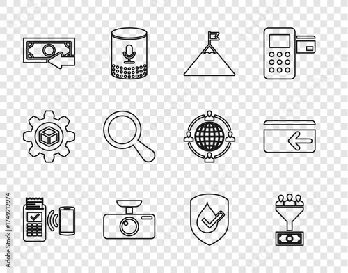 Set line POS terminal, Lead management, Mountains and flag, Car DVR, Cash back, Magnifying glass, Waterproof and icon. Vector