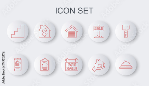 Set line Hotel service bell, Online real estate house, Garage, Realtor, Staircase, House with dollar symbol, contract and Hanging sign For Sale icon. Vector