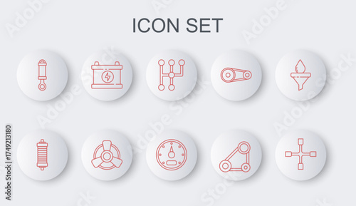 Set line Wheel wrench, Shock absorber, Gear shifter, Timing belt kit, Car battery, motor ventilator and Speedometer icon. Vector