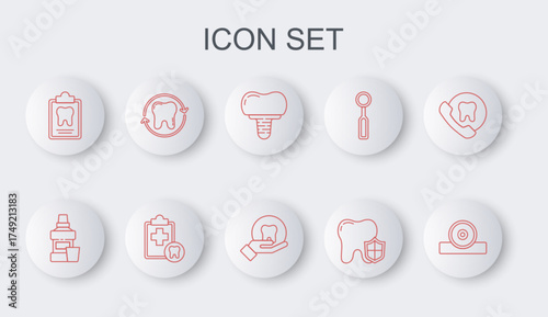 Set line Otolaryngological head reflector, Mouthwash bottle, Dental implant, protection, card, Tooth whitening, and icon. Vector