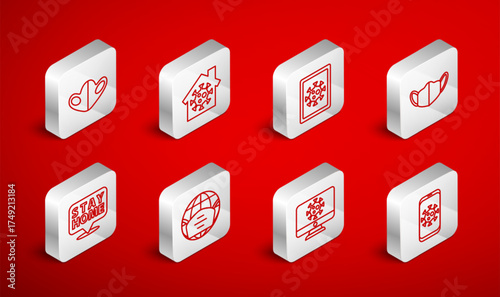 Set line Virus statistics on mobile, Stay home, monitor, Medical protective mask, Earth with medical and icon. Vector