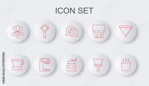 Set line Coffee cup, V60 coffee maker, and conversation, bean, branch, filter holder, machine and Manual grinder icon. Vector