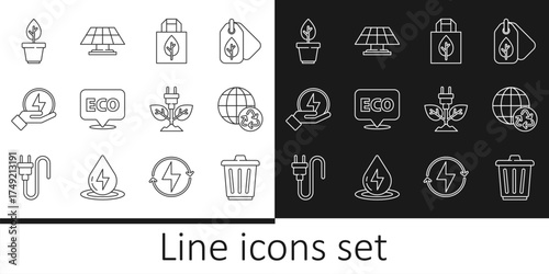 Set line Trash can, Planet earth and recycling, Shopping bag with recycle, Label for eco healthy food, Lightning bolt, Plant pot, Electric saving plug leaf and Solar energy panel icon. Vector