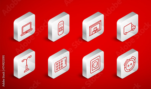 Set line Robot vacuum cleaner, Remote control, Warehouse, Delivery cargo truck, Electrical outlet, Laptop, Graphic tablet and Street light icon. Vector