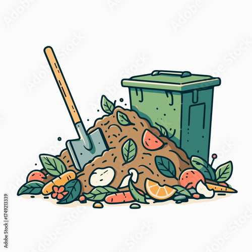 Compost pile with shovel