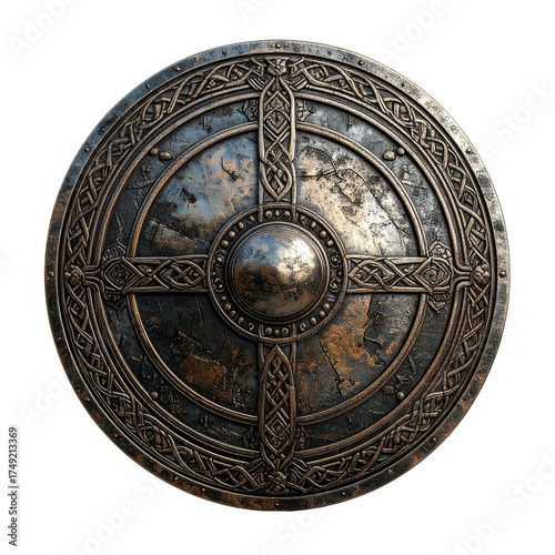 Weathered, circular shield with ornate cross design and metal details