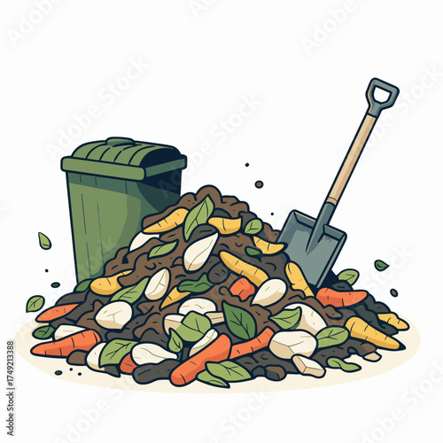 Compost pile with shovel in garden