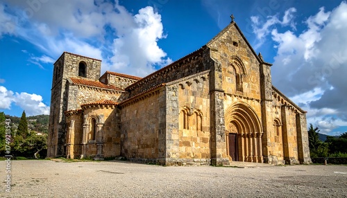 A low-angle view of an ancient church building on a bright, sunny day with puffy white clouds. The structure is made of stone