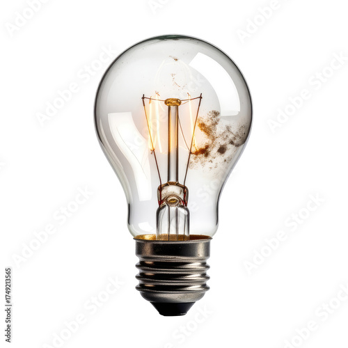 Lit bulb, clear glass, filament glowing, black background, isolated electric lightbulb