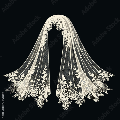 Lace wedding veil on black background